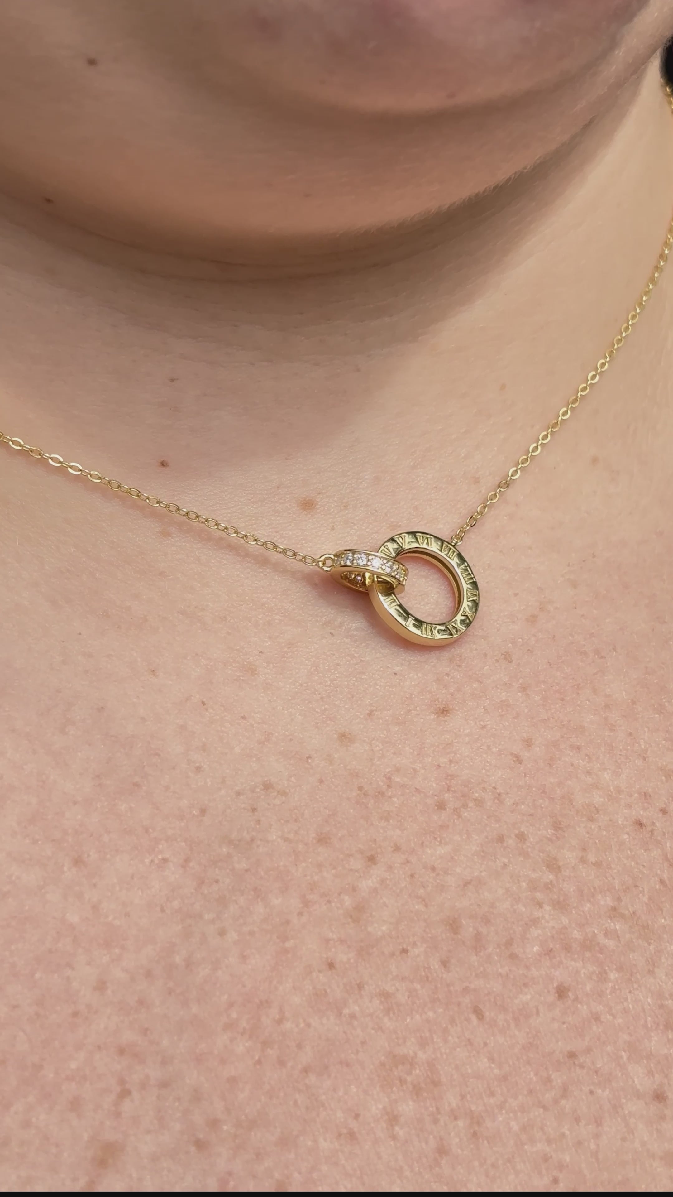 14K Gold Vermeil Roman Numeral Necklace, Interlocking Moissanite Rings