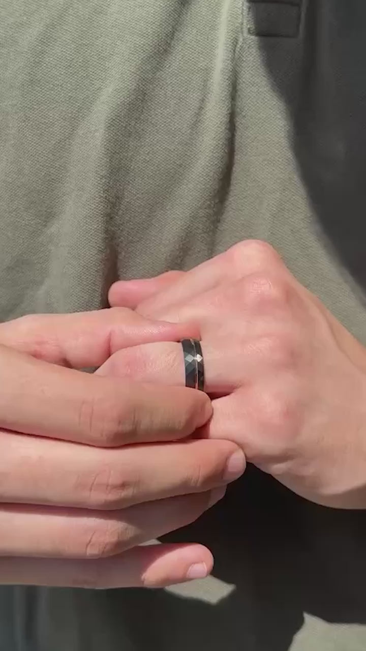 Rose Gold Tungsten Ring • Black Hammered Men’s Wedding Band • Faceted Comfort Fit Male Promise Ring