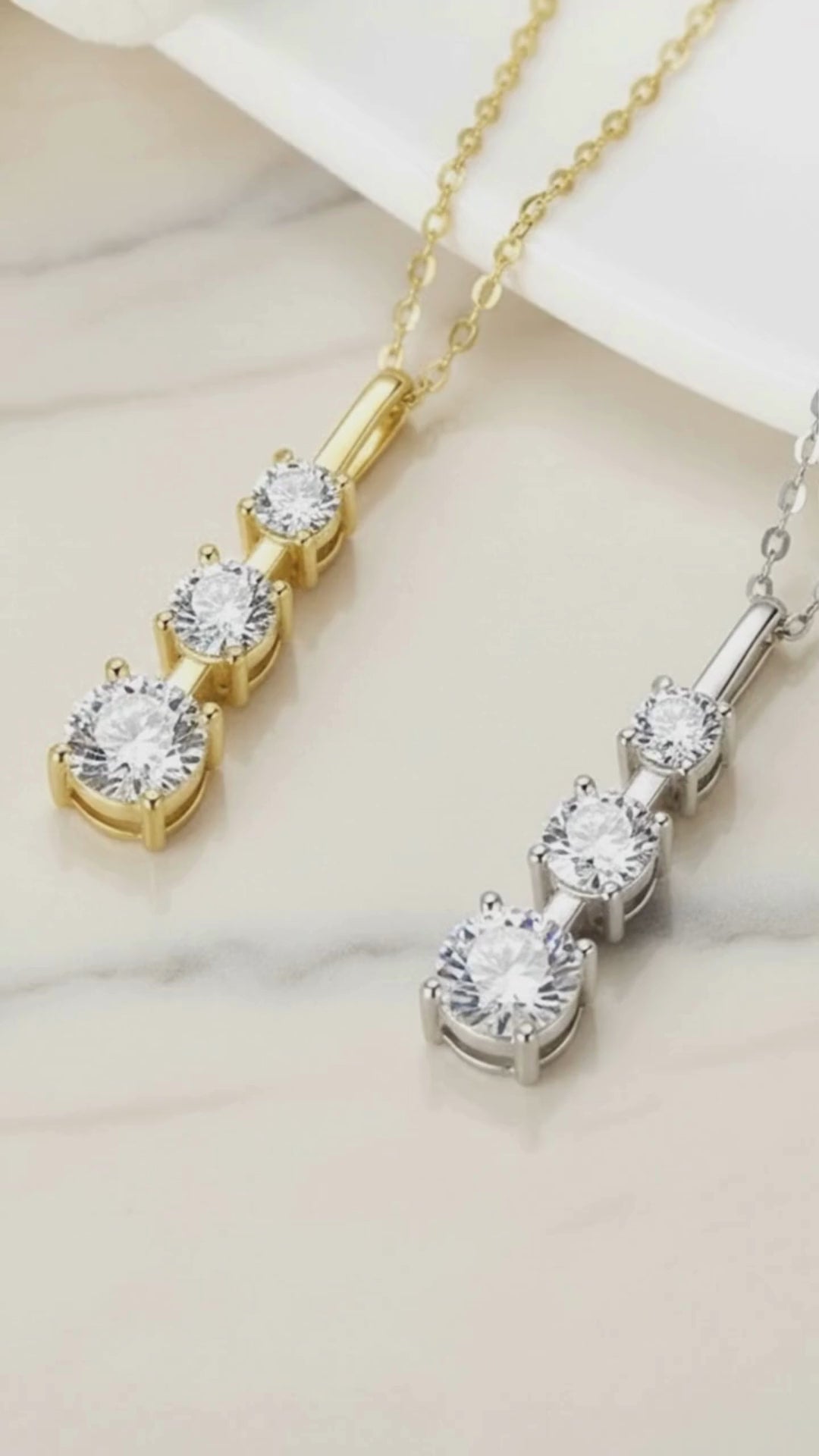 Triple Moissanite Necklace | Vertical Trilogy Diamond Pendant | 925 Sterling Silver Minimalist Linear Pendant | Past Present Future Gift