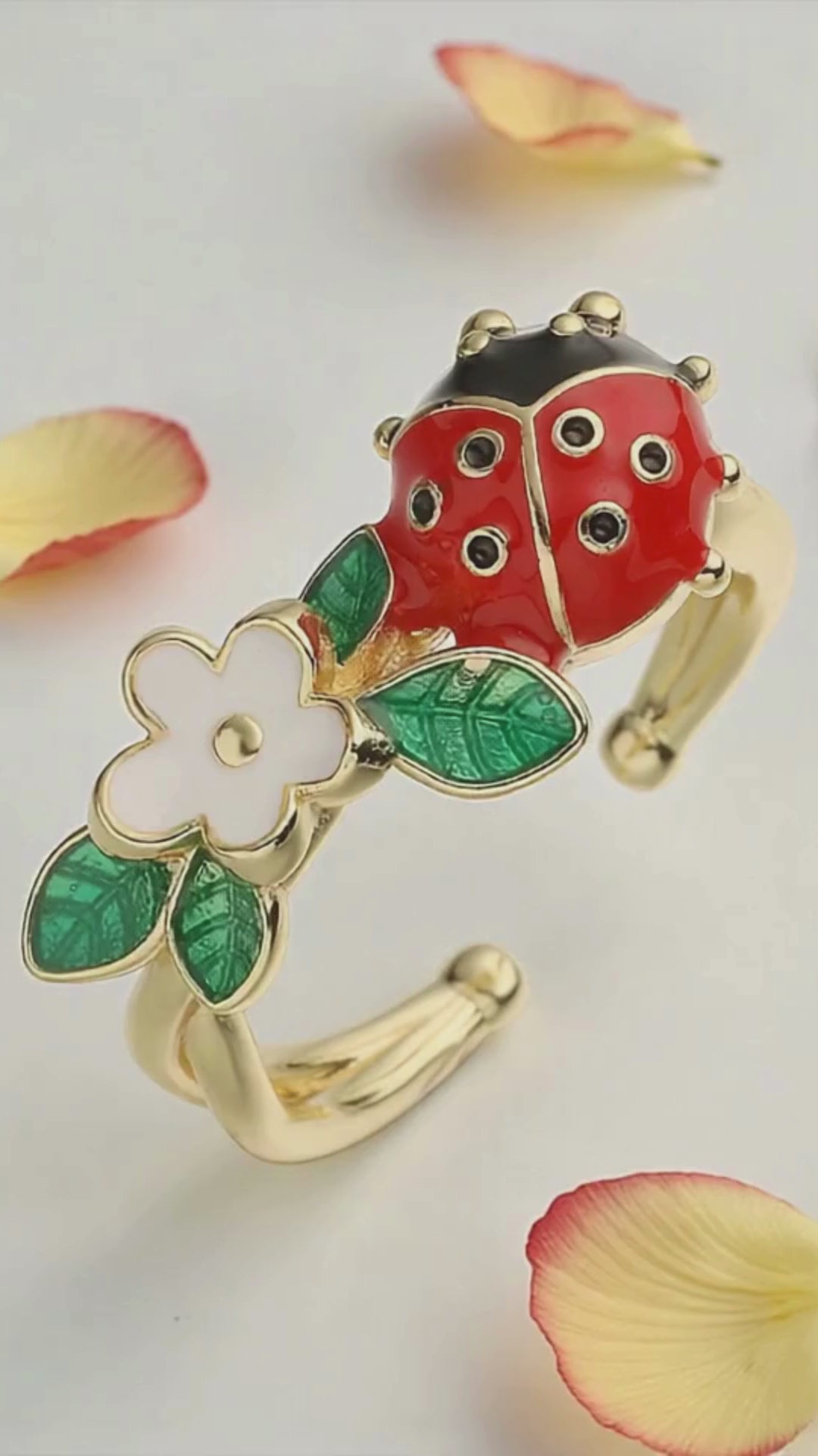 Ladybug & Flower Ring – Gold Enamel Lucky Adjustable Ring | Nature-Inspired Jewelry by Stella Amoré