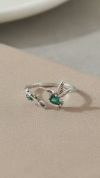 Hummingbird Ring: Sterling Silver Rose Flower Leaf Wrap, Adjustable Band