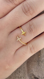 Gold & CZ Double Cross Ring by Stella Amoré: Adjustable Sterling Silver Christian Jewelry