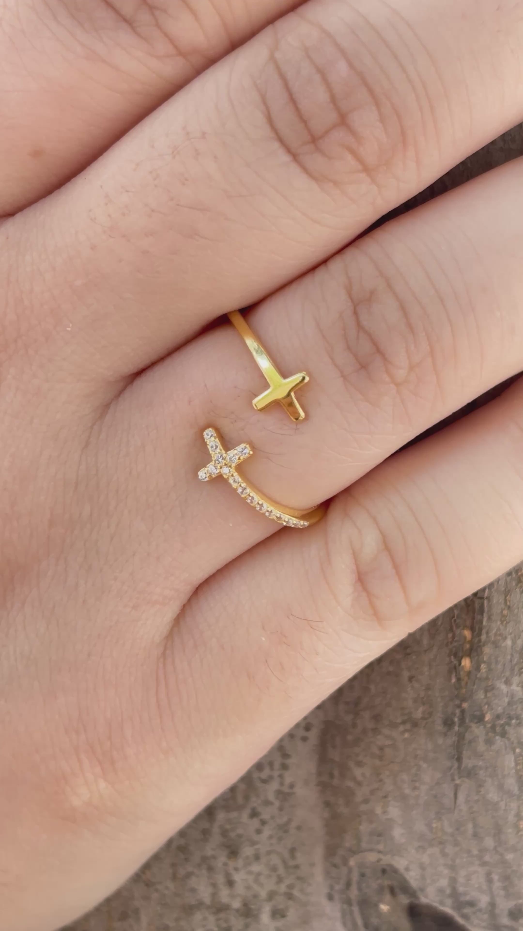 Gold & CZ Double Cross Ring by Stella Amoré: Adjustable Sterling Silver Christian Jewelry